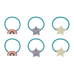 6 HÅRELASTIKKER M/REGNBUE OG STJERNER - FIREWORKS