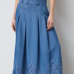 TILLY PLEAT EMB SKIRT | DENIM BLUE